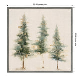Abstract painting of three evergreen trees with soft green and brown brushstrokes on a neutral linen background, framed in a simple gray frame.