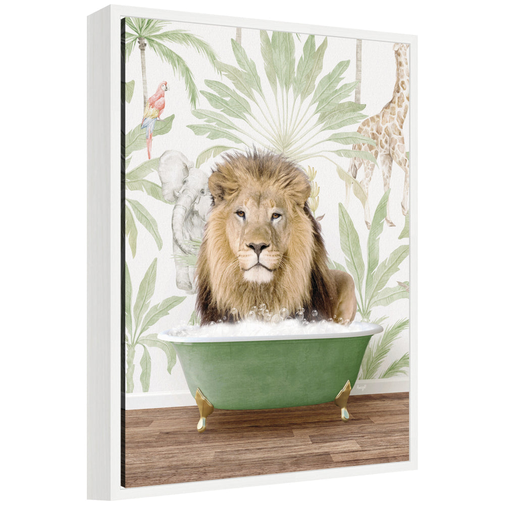 Sylvie Lion in Wild Safari Bathtub framed canvas art by Amy Peterson showing a lion reclining in a bathtub with animal-print wallpaper background.