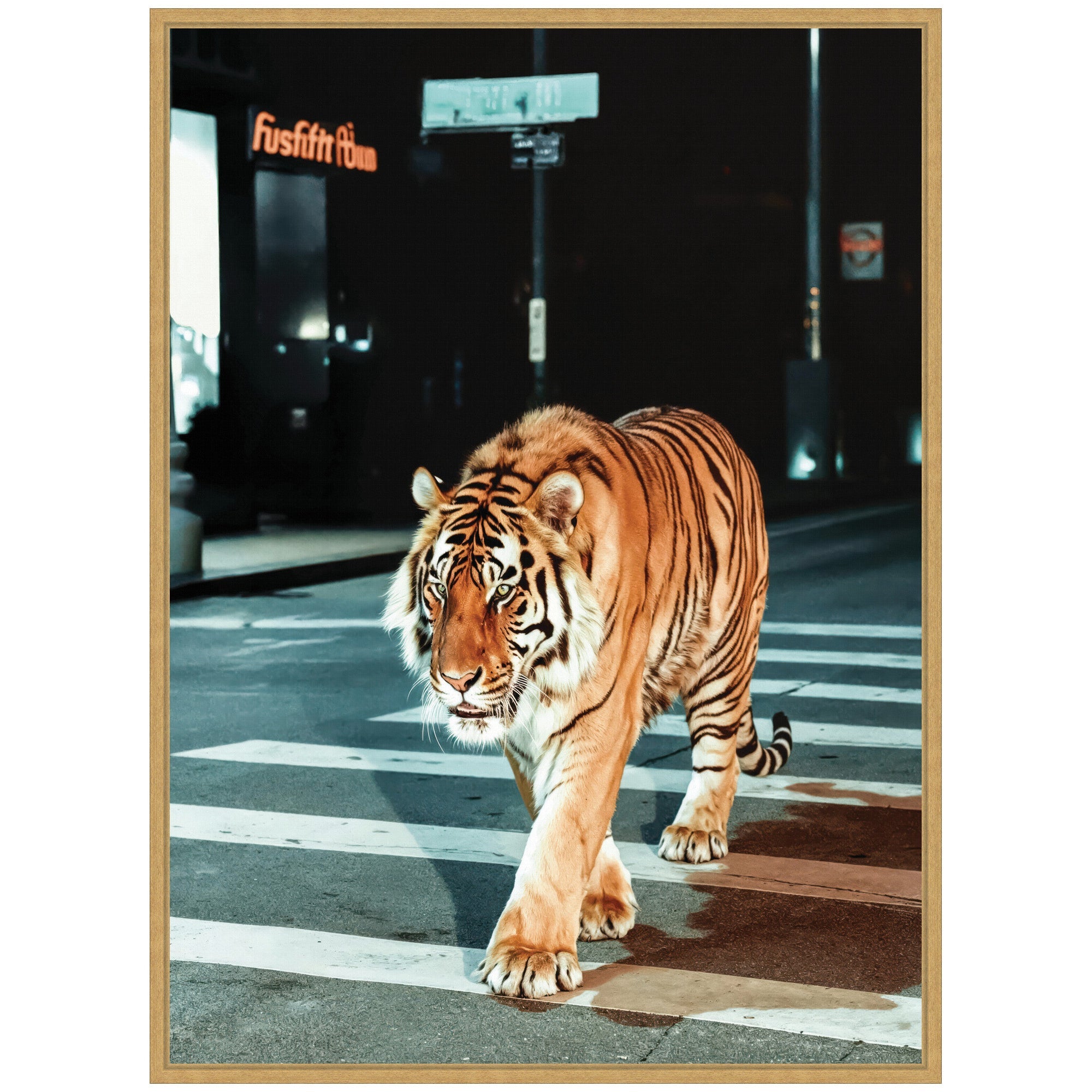 Sylvie Tiger in the City at Night 2 Framed Canvas by Michael Schauer