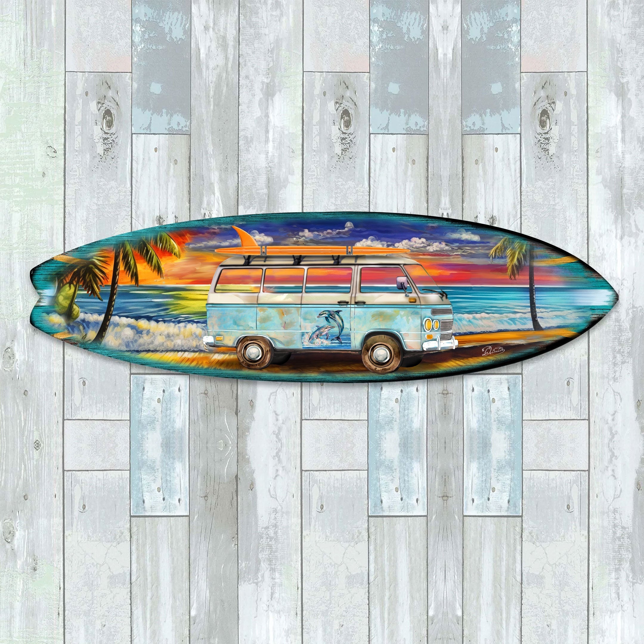 Beach Surf Van Surfboard Coastal Wooden Wall Art by G. DeBrekht