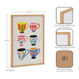 Framed art print showing six colorful tea cups decorated with floral and botanical patterns on a white background, framed in light natural oak wood.