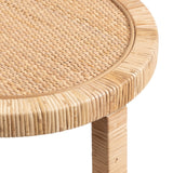 Close-up of a round table top with woven cane in the center and a frame of light-colored bentwood strips, featuring one ribbed cylindrical leg below.