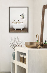 Sylvie Penguins Playing in Rustic Bath Framed Canvas