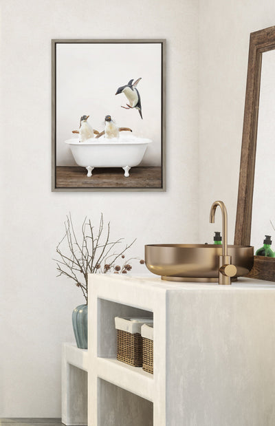 Sylvie Penguins Playing in Rustic Bath Framed Canvas
