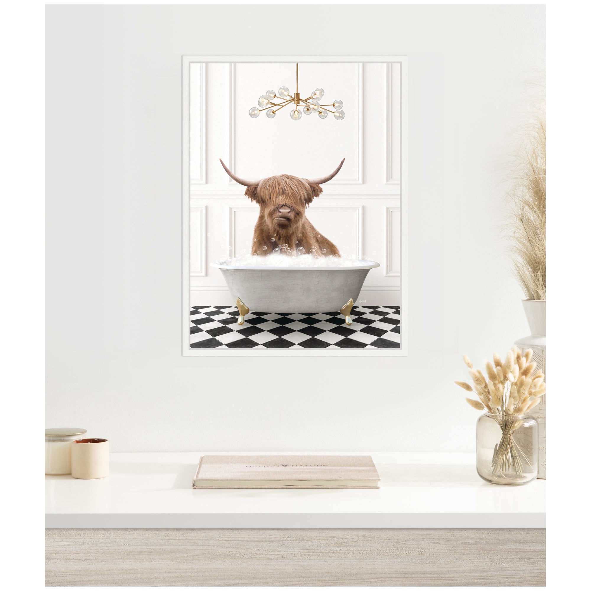 Sylvie Highland Cow in Gray Bathtub Checker Floor Framed Canvas by Amy Peterson