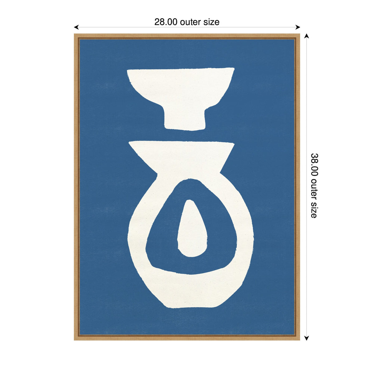 Minimalist abstract art with white ceramic shapes resembling a bowl and vase on a solid blue background, framed in a thin wooden frame.