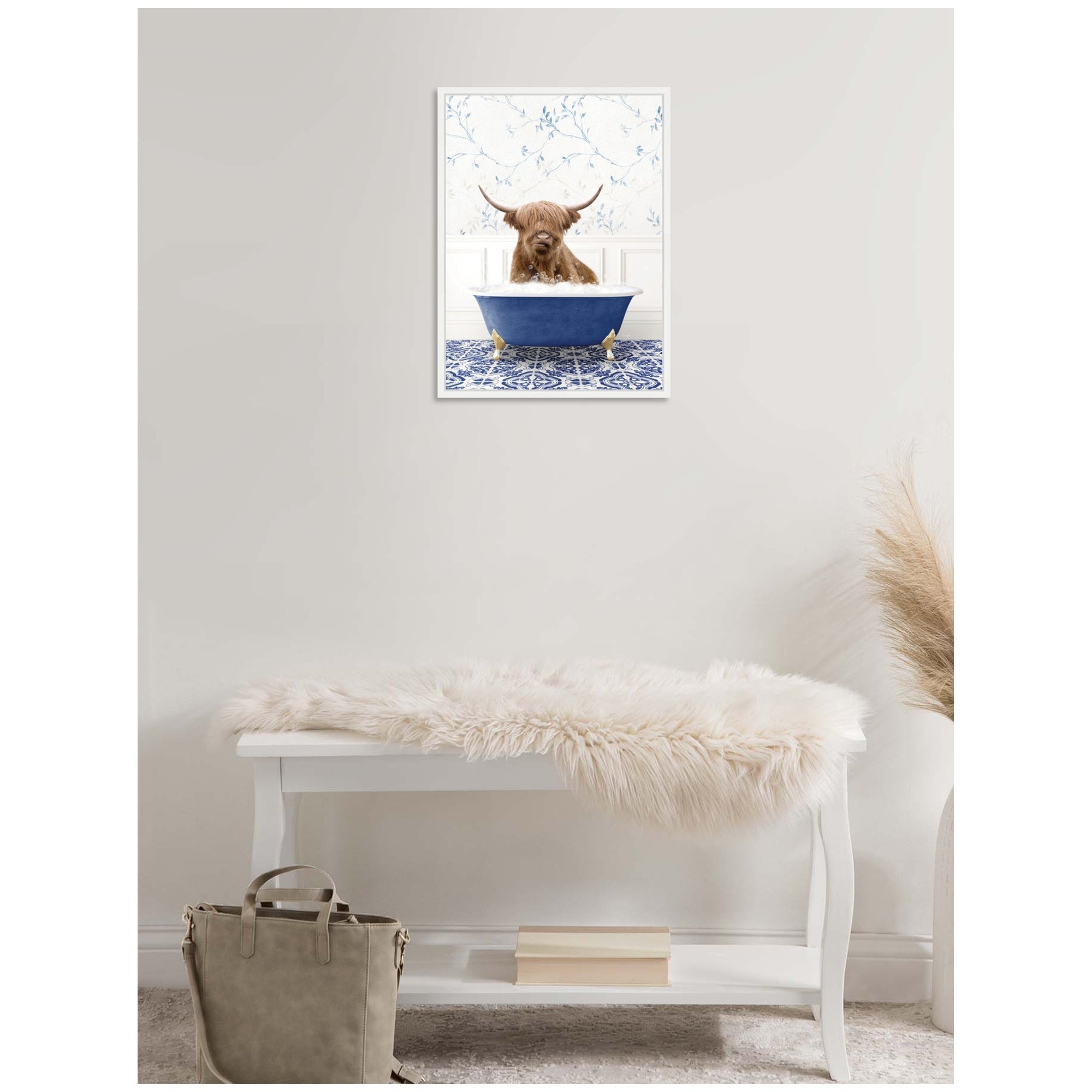 Sylvie Highland Cow in Eclectic Blue Bathtub Framed Canvas