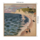 Impressionist-style beach scene with wavy blue sea, sandy shore, green cliff, and small figures walking along the coast under a cloudy sky.