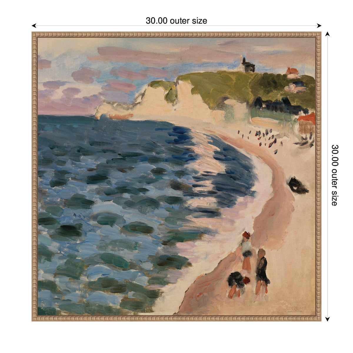 Impressionist-style beach scene with wavy blue sea, sandy shore, green cliff, and small figures walking along the coast under a cloudy sky.