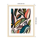 Abstract framed wall art featuring colorful stylized ficus leaves in warm tones of teal, coral, mustard, and olive on a pale pink background, sized 22 by 26 inches.