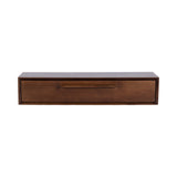 Rectangular floating console table in dark brown wood with a single drawer featuring a horizontal wooden handle, shown against a white background.