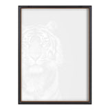 Minimalist printed glass artwork featuring a subtle, monochromatic tiger face with soft striped details, framed in a slim black frame against a white background.