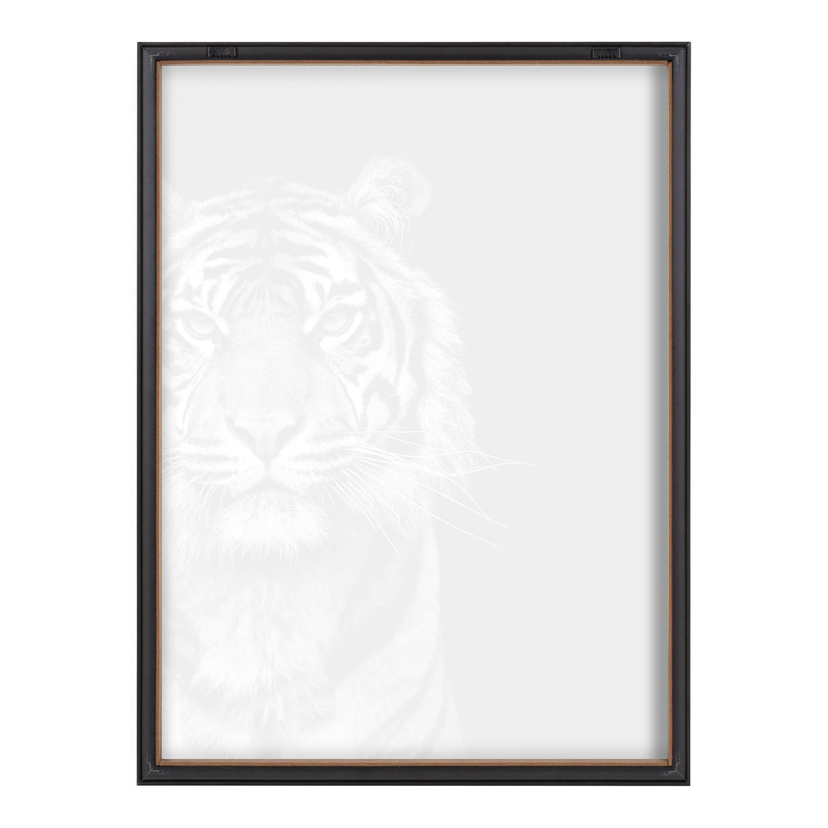Minimalist printed glass artwork featuring a subtle, monochromatic tiger face with soft striped details, framed in a slim black frame against a white background.
