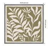 Minimalist botanical artwork featuring various white leaf silhouettes against an olive green background framed in a neutral linen mat and grey frame.