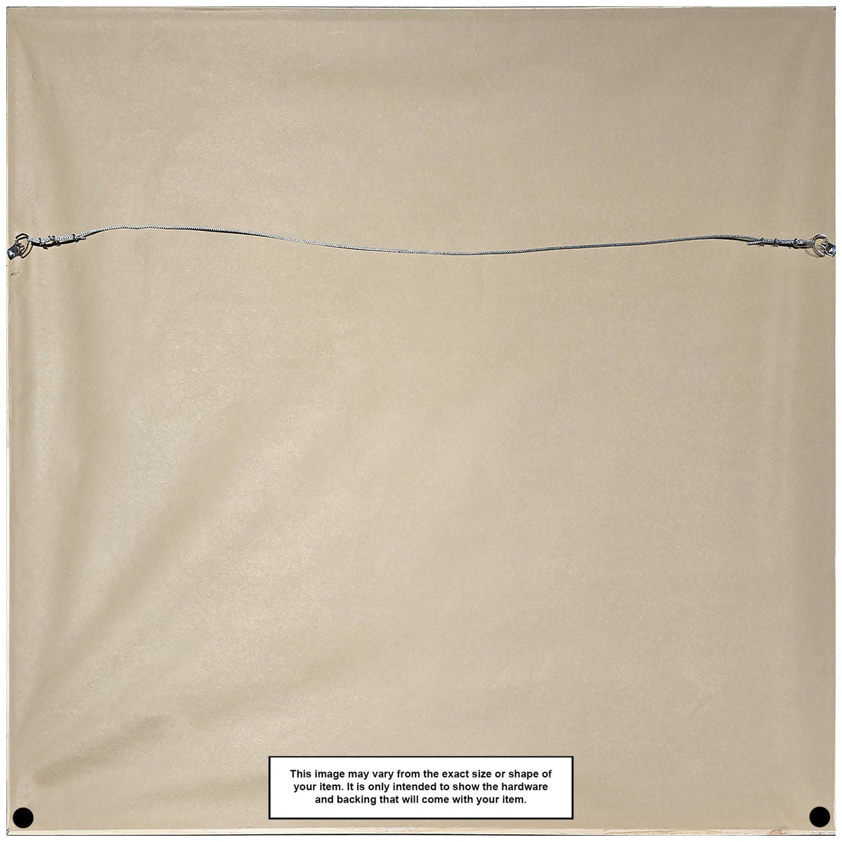 Back of a framed artwork showing beige backing paper with wire hanging hardware attached horizontally between two metal D-rings.