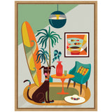 Mid-century modern interior with a brown dog, tall orange surfboard, turquoise chair with patterned cushion, round orange table, potted plants, and colorful abstract fish artwork.