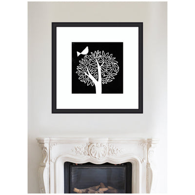 Framed Art Black and White Bird Tree Linocut by Giuliana Lazzerini