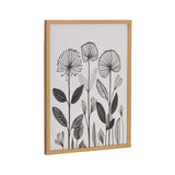 Black and white linocut print of stylized botanical forms with fan-shaped and round flowers and patterned leaves in a simple light wood frame.