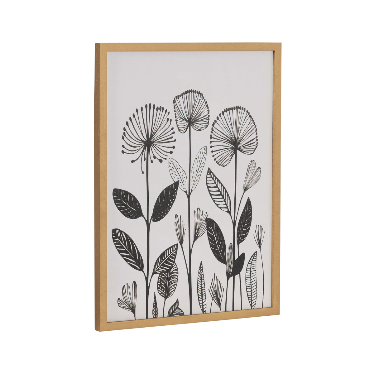 Black and white linocut print of stylized botanical forms with fan-shaped and round flowers and patterned leaves in a simple light wood frame.