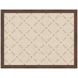 Beige fabric pinboard framed in dark wood with green lattice print forming diagonal squares connected by small green leaf clusters.