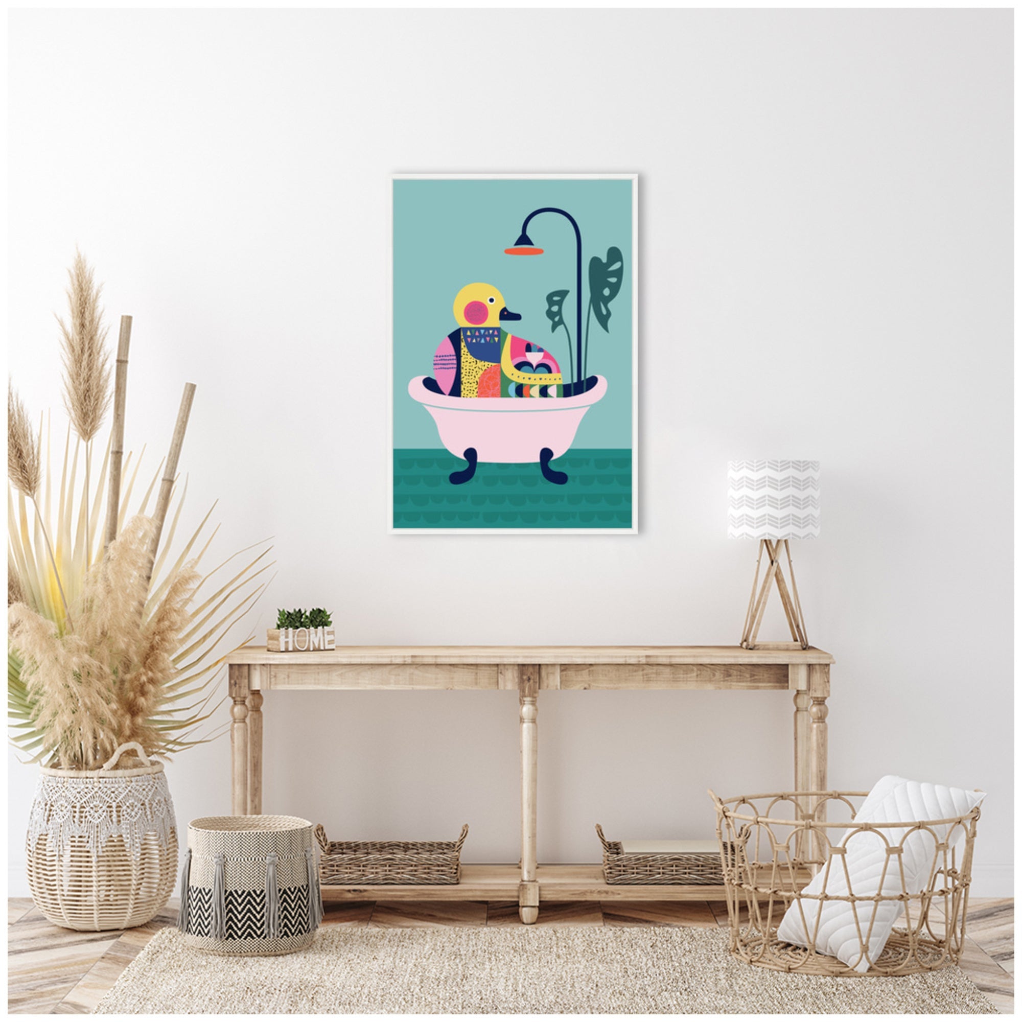 Sylvie Modern Teal Little Duckie in Bathtub Framed Canvas by Rachel Lee