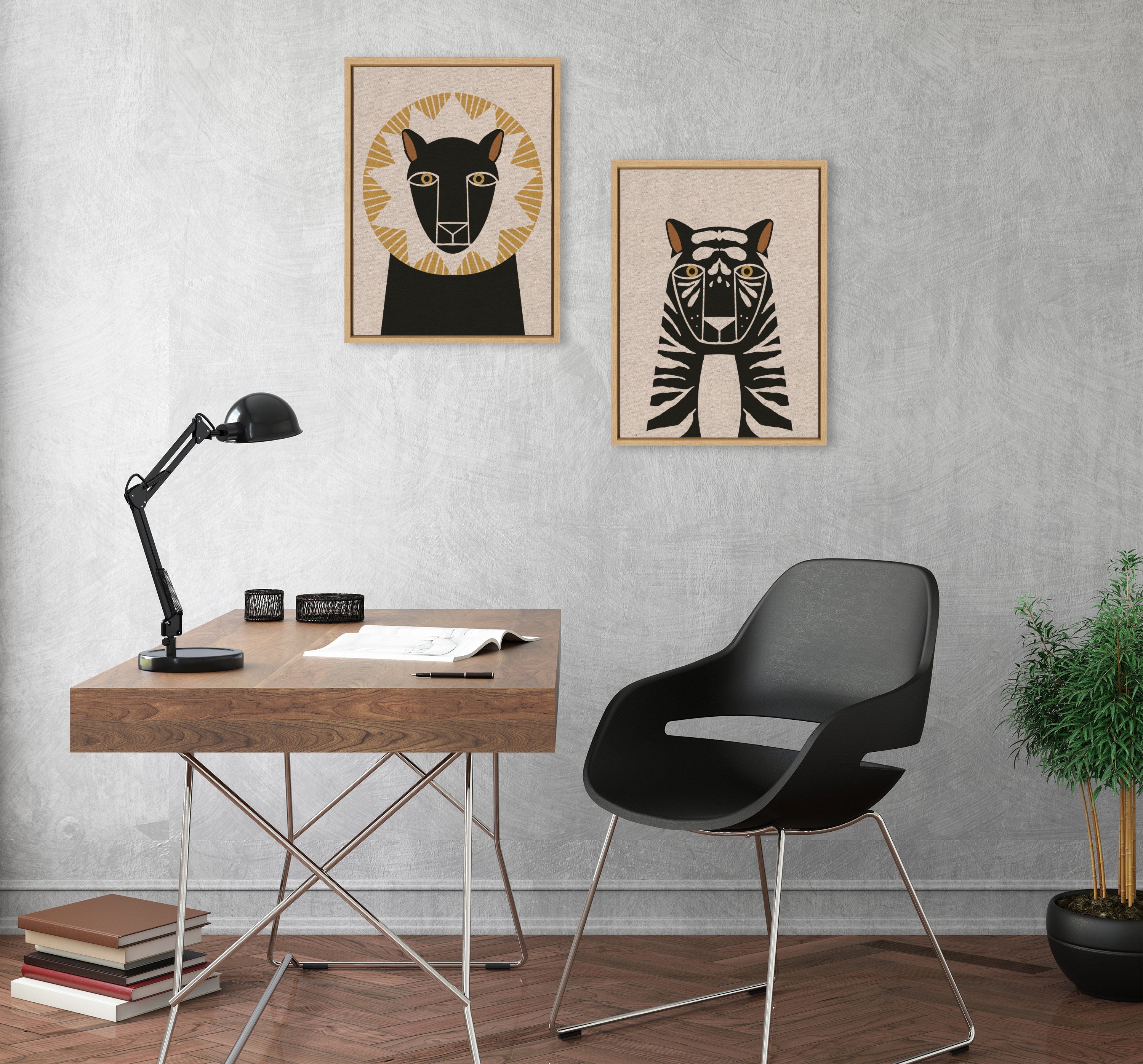 Sylvie Lion Profile Neutral Linen and Tiger Profile Neutral Linen Framed Canvas Art Set by Hannah Beisang