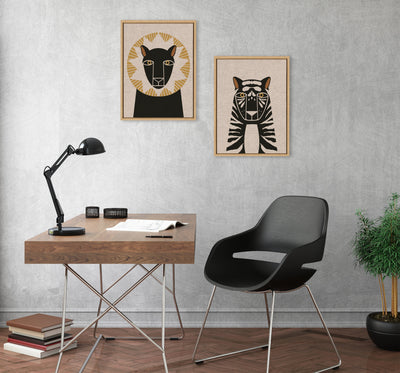 Sylvie Lion Profile Neutral Linen and Tiger Profile Neutral Linen Framed Canvas Art Set by Hannah Beisang