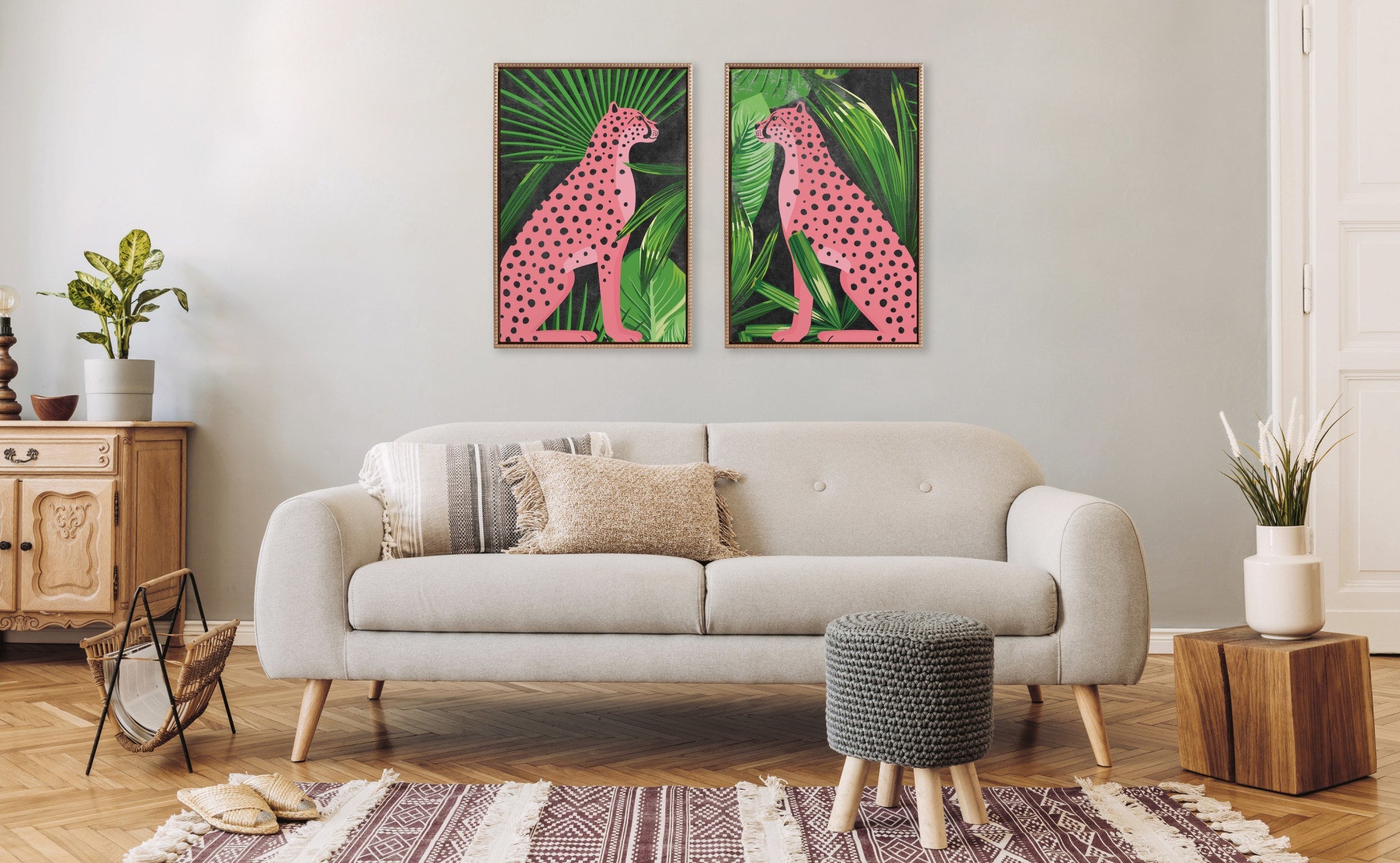 Sylvie Beaded NC Cheetah Jungle Single 1 and 2 Framed Canvas Art Set by Nikki Chu