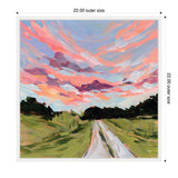 Impressionistic landscape painting featuring a grassy road flanked by green fields under a vibrant sky with expressive pink, purple, and blue clouds, framed in white, 22x22 inches.