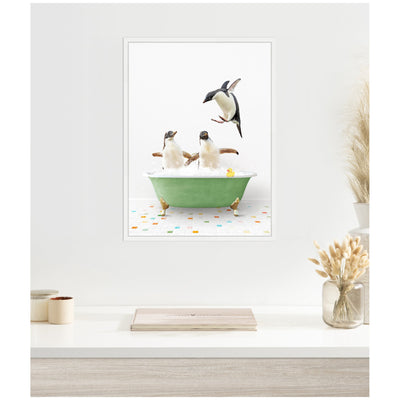 Sylvie Penguins in Green Bathtub on Colored Tile Framed Canvas by Amy Peterson