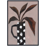 Painting of a black pitcher with white rectangular spots holding dark brown elongated leaves, against a muted pinkish-brown background with a beaded black frame.
