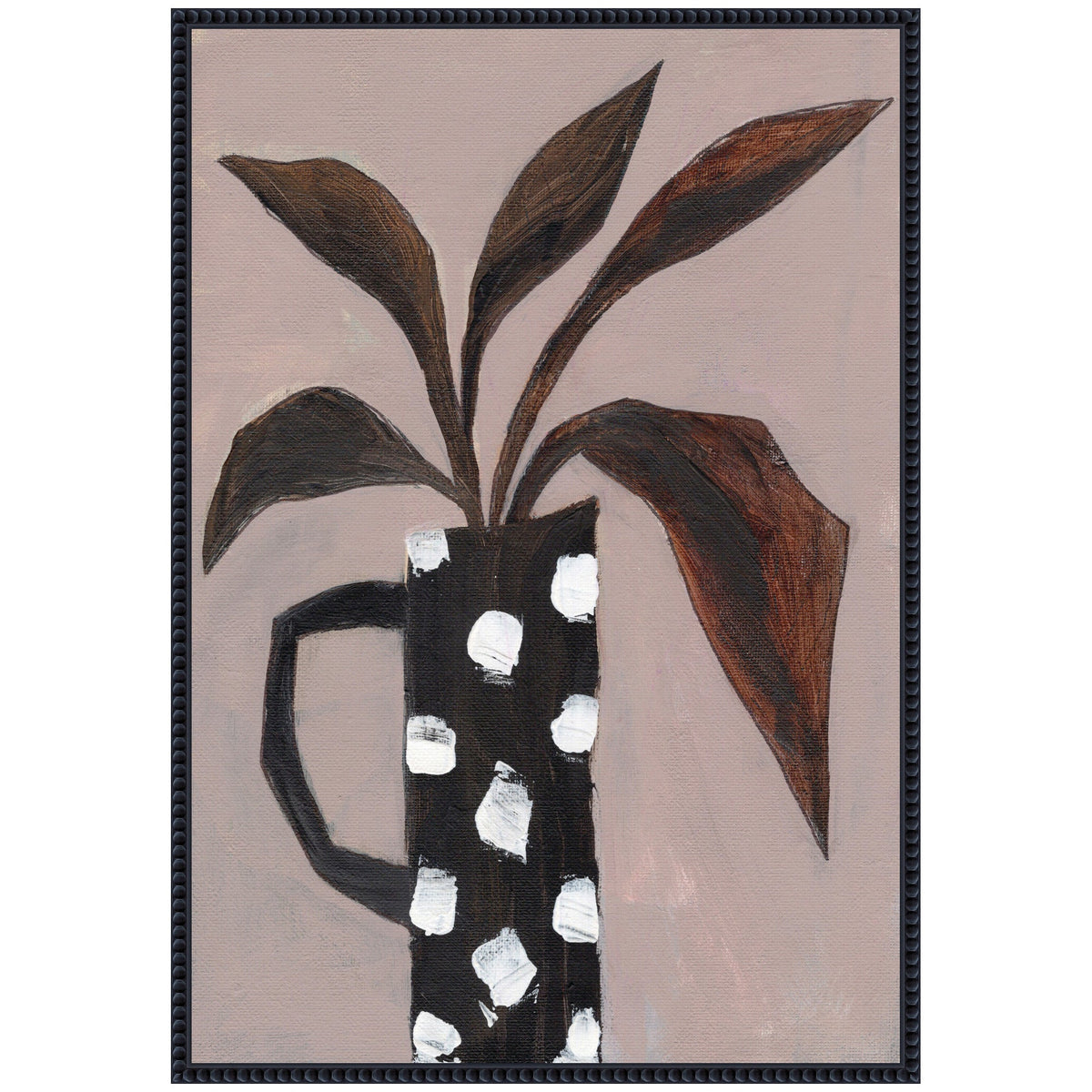 Painting of a black pitcher with white rectangular spots holding dark brown elongated leaves, against a muted pinkish-brown background with a beaded black frame.