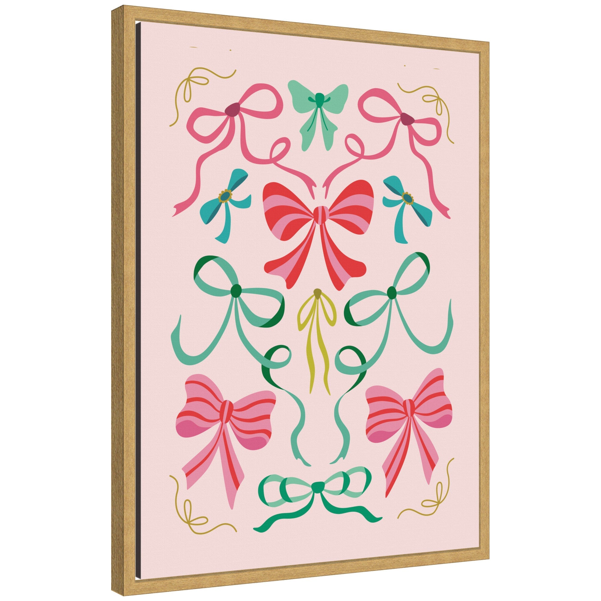 Sylvie framed canvas featuring decorative Christmas bows in shades of pink, green, and teal on a light pink background