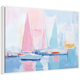 Abstract sailboats with pastel pink, blue, and turquoise sails on calm water, featuring soft reflections and a hazy harbor background in light blue and peach tones.