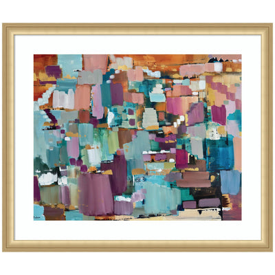 Framed abstract art titled Gemstones in Jewel Tones featuring vibrant turquoise, pink, purple, and orange geometric shapes
