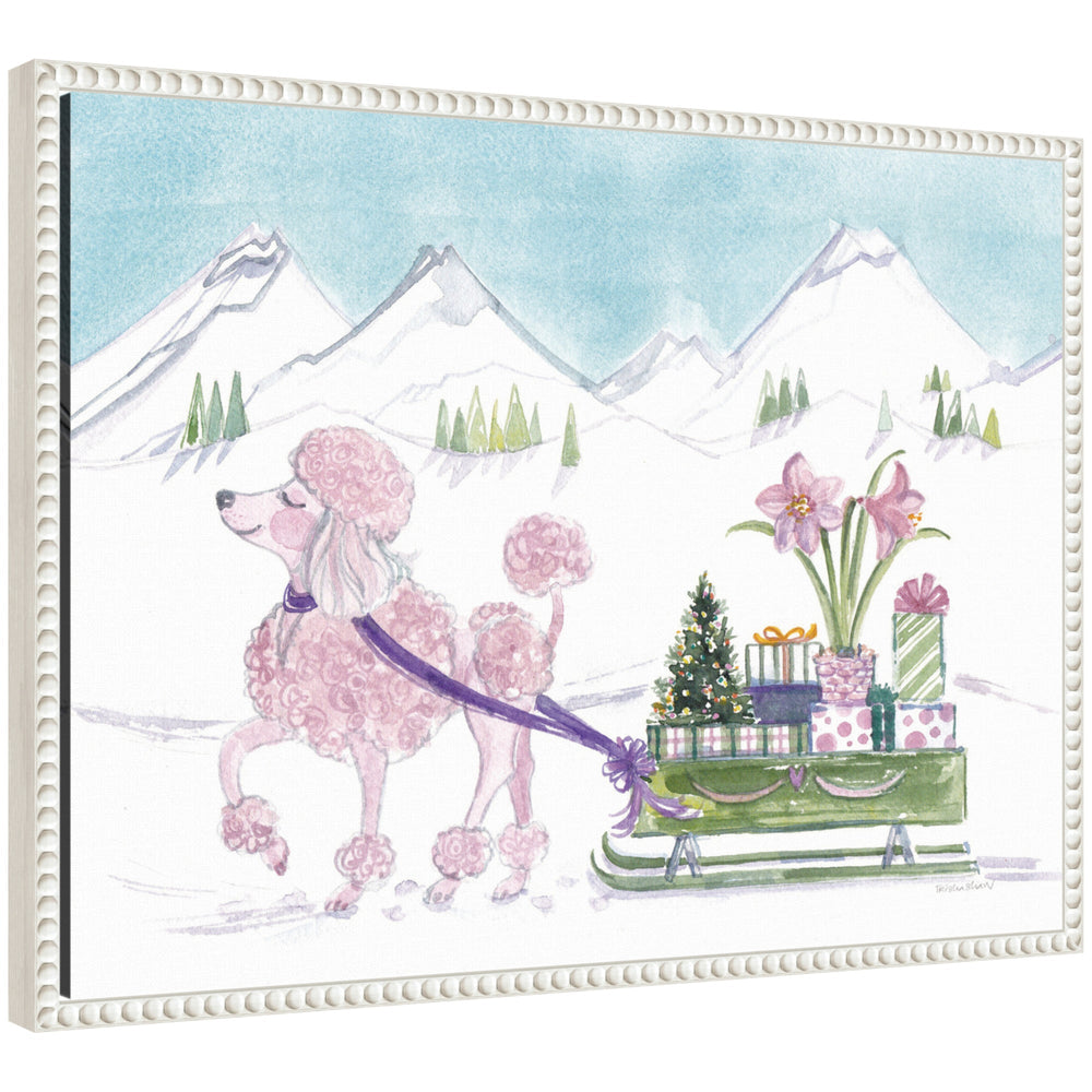 Sylvie Beaded Pink Poodle and Present Sled framed canvas showing a pink poodle beside a sled with presents, in a polystyrene frame.