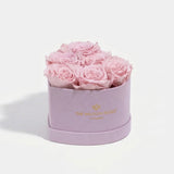 Heart-shaped arrangement of six light pink roses in a minimalist box