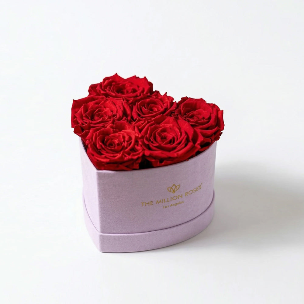 Light pink box holding six red roses arranged in a heart shape