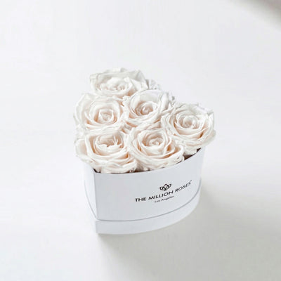 Heart-shaped arrangement of six white roses in a white box, Baby Heart White Box by The Million Roses