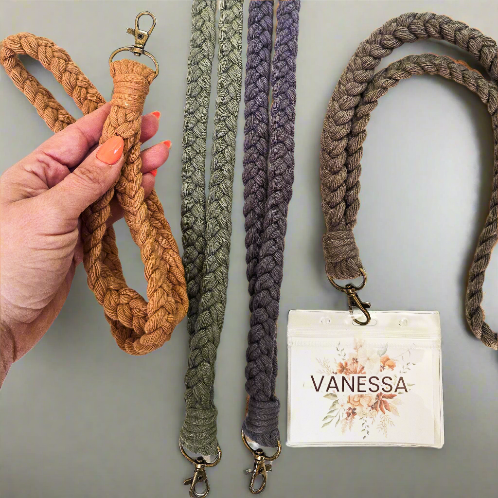 Macrame Badge Lanyard in caramel color displayed coiled with metal clasp visible