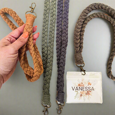 Macrame Badge Lanyard in caramel color displayed coiled with metal clasp visible