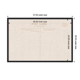 Black frame around a beige linen fabric panel printed as a vintage postcard back with measurements marked in inches for inner and outer size.