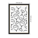 Black line drawings of various wine glasses on a white background, framed with black and gold trim showing outer dimensions 18 by 26 inches.