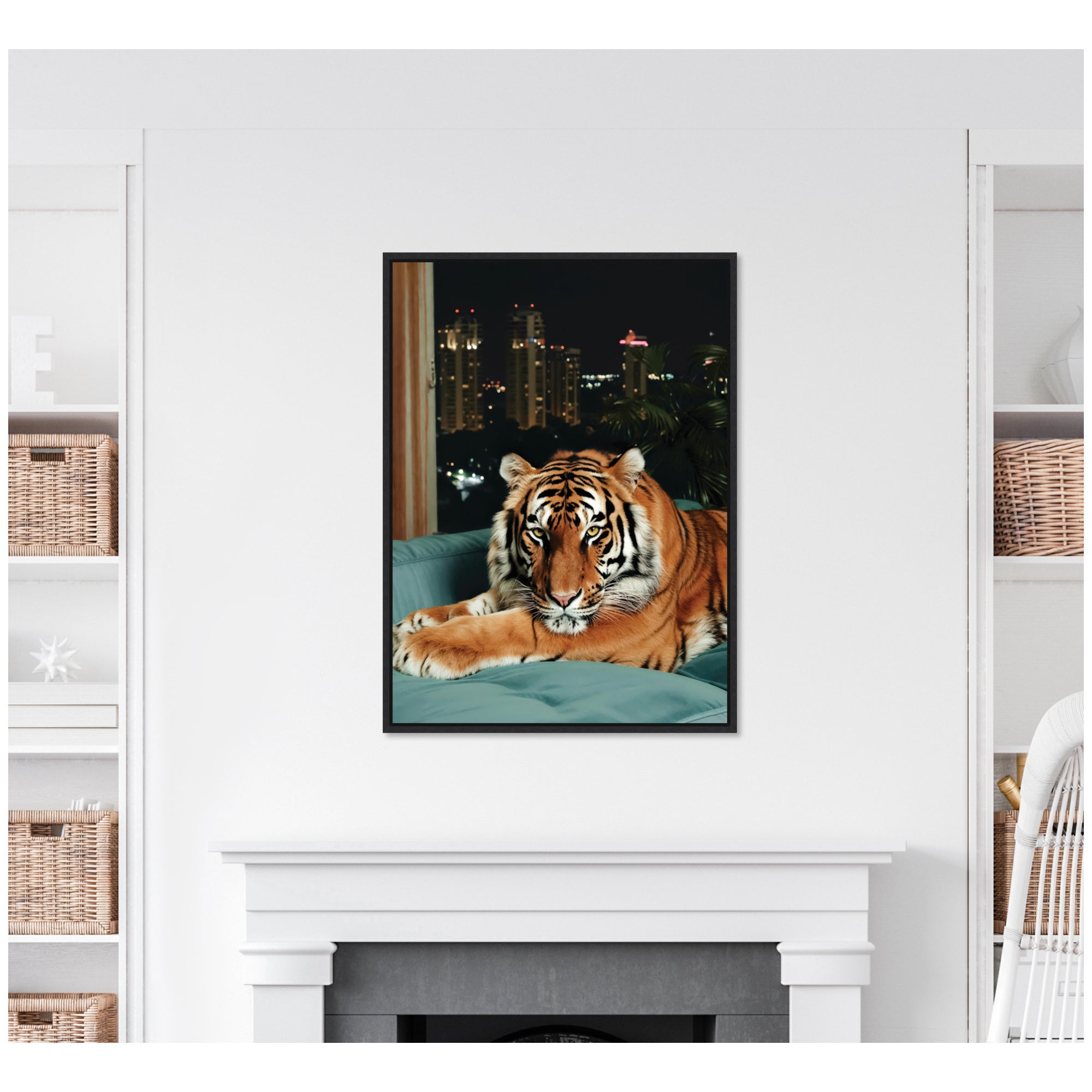Sylvie Tiger in the City at Night 1 Framed Canvas by Michael Schauer