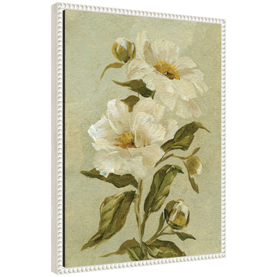 Floral No 9 by Annie Quigley Framed Canvas Wall Art Print featuring white flowers and green leaves on textured neutral background in a white beaded frame