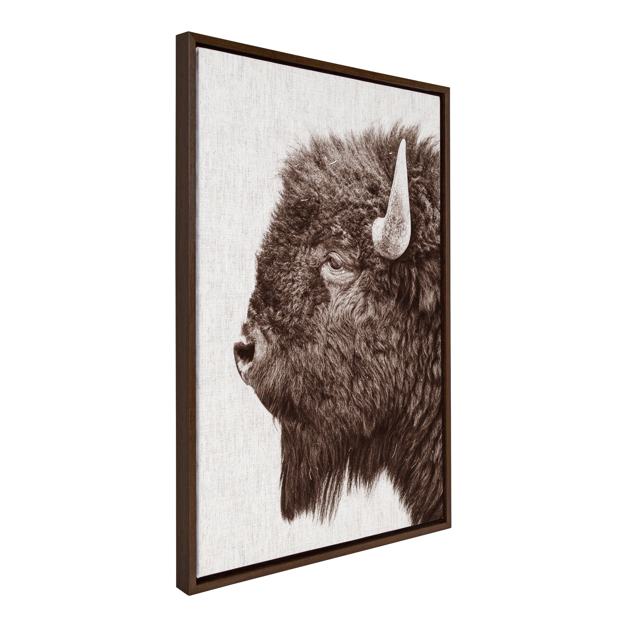 Sylvie Bison Profile Woven Neutral Linen Framed Canvas showing side view of prairie bison portrait in neutral tones