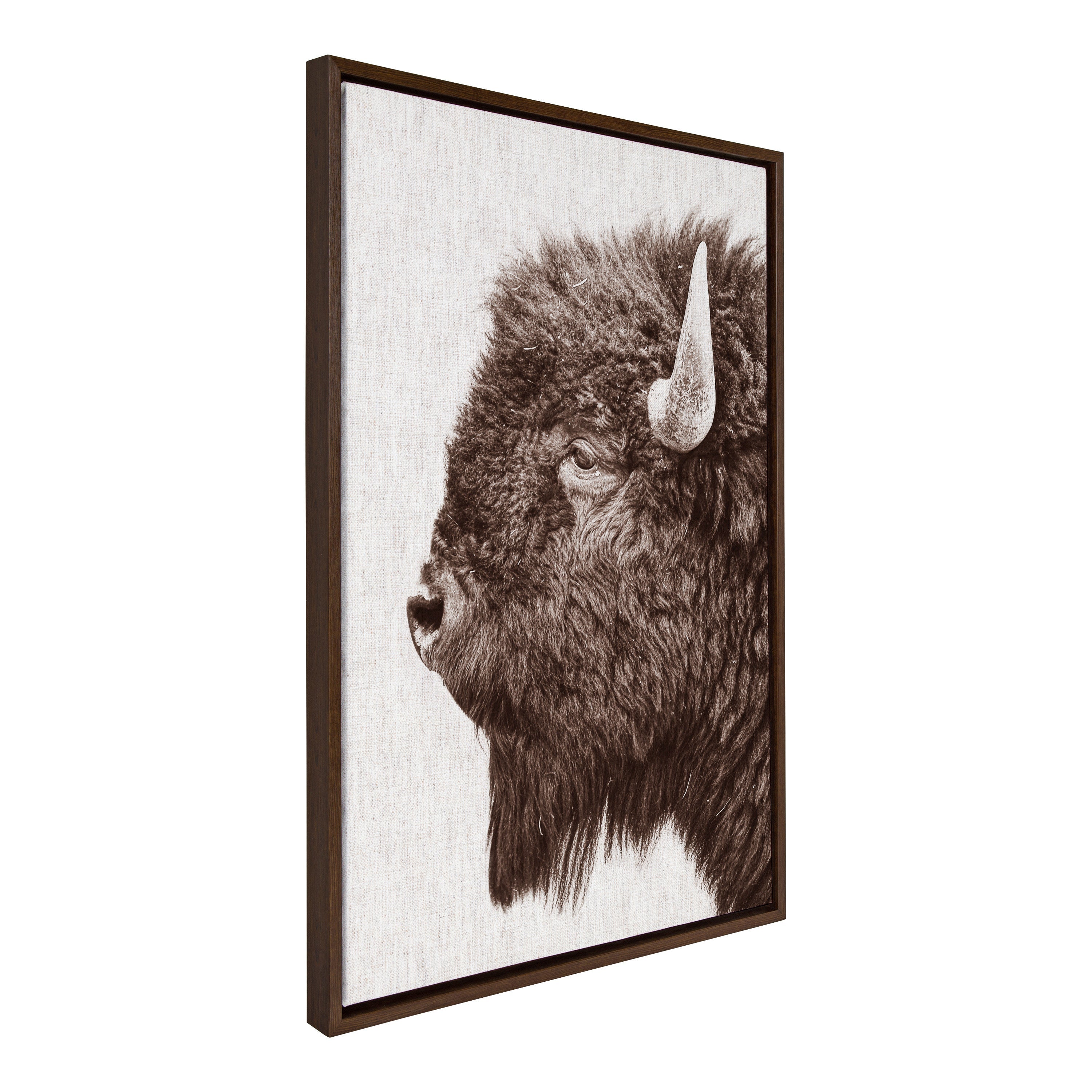 Sylvie Bison Profile Woven Neutral Linen Framed Canvas showing side view of prairie bison portrait in neutral tones