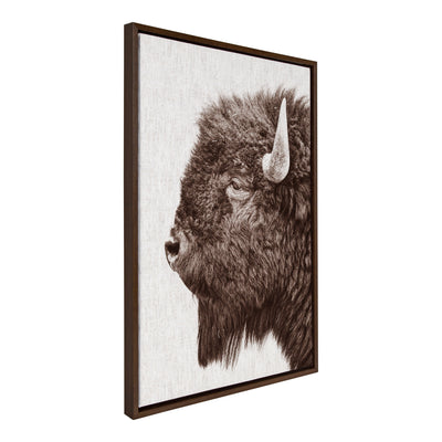 Sylvie Bison Profile Woven Neutral Linen Framed Canvas showing side view of prairie bison portrait in neutral tones