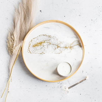 Resin Bamboo Round Tray with natural bamboo grain and resin accents, styled with appetizers and drinks