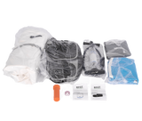 Unassembled black and white mesh parts, a white fabric bag, blue and gray plastic components, and two small labeled boxes on a white background, all wrapped in plastic.